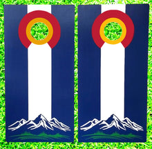Load image into Gallery viewer, Colorado Flag with Mountains Cornhole Set White Center