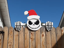 Load image into Gallery viewer, Jack Skellington with removable Santa Hat Fence Peeker Halloween + Christmas Decorative Sign