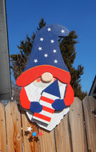 Load image into Gallery viewer, 4th of July Stars + Stripes Garden Gnome Fence Peeker Decorative Sign
