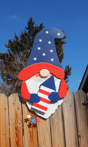 4th of July Stars + Stripes Garden Gnome Fence Peeker Decorative Sign