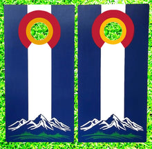 Load image into Gallery viewer, Colorado Flag + Mountains Cornhole Set White Center