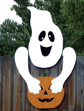 Load image into Gallery viewer, Jumbo Happy Ghost Fence Peeker with Pumpkin Outdoor Yard Garden Party Decorative Sign