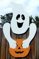 Jumbo Happy Ghost Fence Peeker with Pumpkin Outdoor Yard Garden Party Playground Decoration