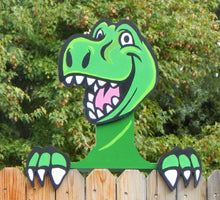 Load image into Gallery viewer, T Rex Dinosaur Kid Friendly Smiling Fence Peeker or Wall Hanging Pre School Decoration