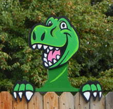 Load image into Gallery viewer, T Rex Dinosaur Kid Friendly Smiling Fence Peeker or Wall Hanging Pre School Decoration