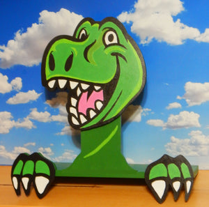 T Rex Dinosaur Kid Friendly Smiling Fence Peeker or Wall Hanging Decorative Sign