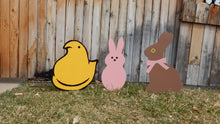 Load image into Gallery viewer, Easter Trio Peep Chick 17&quot; Peep Pink Bunny 18&quot; Chocolate Bunny 21&quot; Yard Art Garden Playground Decoration