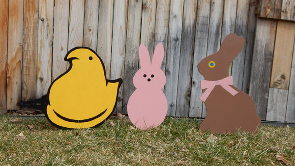 Easter Trio Peep Chick 17" Peep Pink Bunny 18" Chocolate Bunny 21" Yard Art Garden Playground Decoration